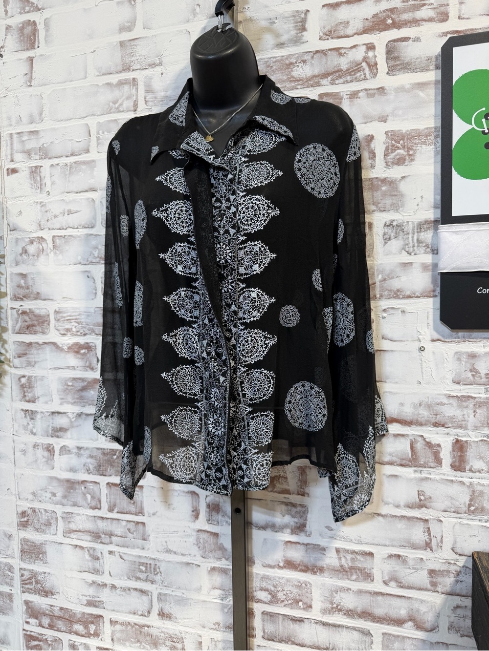 New York City Black Sheer Button-Front Blouse with White Medallion Print medium